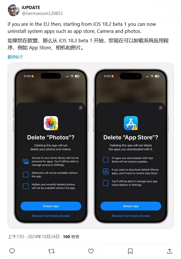 红旗苹果手机维修分享iOS 18.2 支持删除 App Store 应用商店 